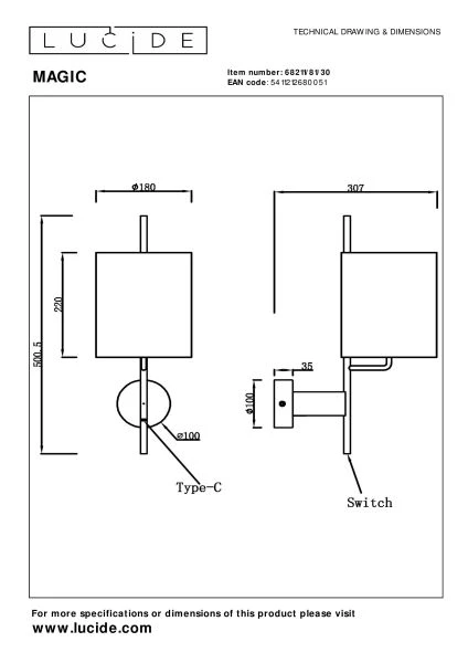 Lucide MAGIC - Lámpara de pared - 1xE27 - Con punto de carga USB - Negro - técnico